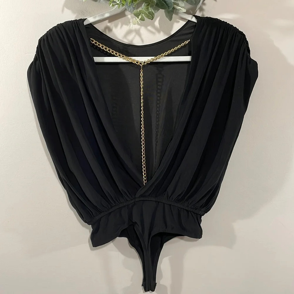 NWT Lush Black Back Gold Chain Detail Thong Bodysuit S